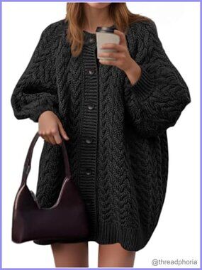 Cable Knit Button Down Cardigan Long Lantern Sleeve Oversized Sweater